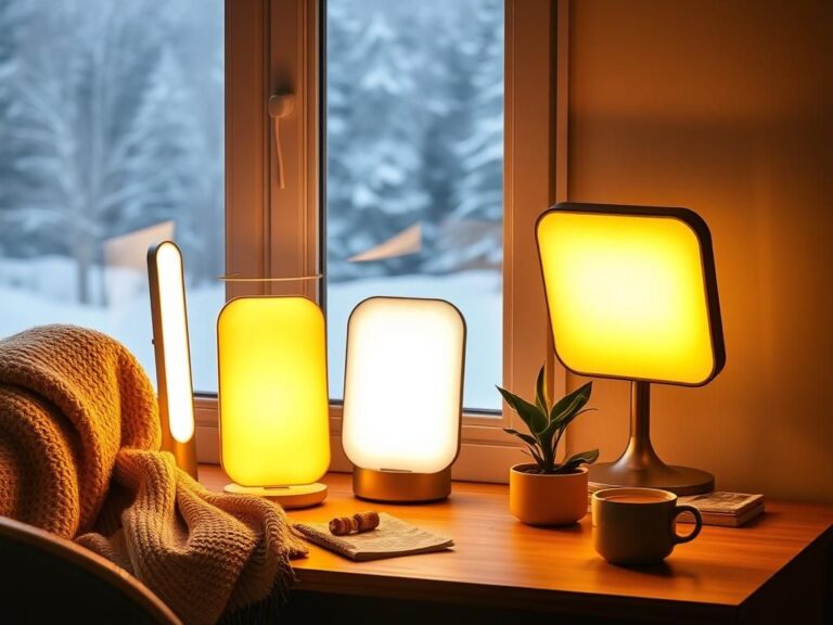 Flick International Cozy indoor scene with modern light therapy lamps on a minimalist wooden desk