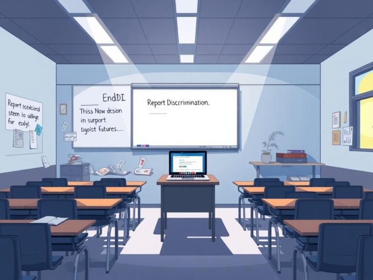 Flick International Digital illustration of a modern classroom featuring empty desks and a whiteboard with 'EndDEI' written on it