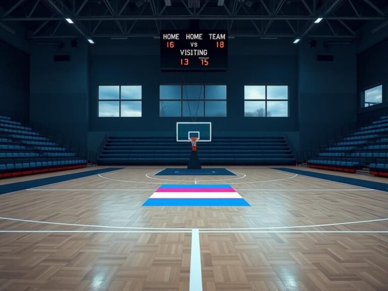 Flick International Empty basketball court with transgender flag symbolizing competition tension