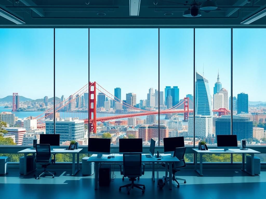 Flick International Vibrant cityscape of San Francisco showcasing the Golden Gate Bridge and modern office buildings