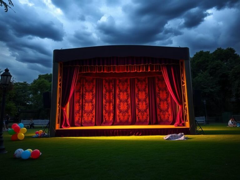 Flick International Empty stage in a public park with colorful backdrop and velvet curtain