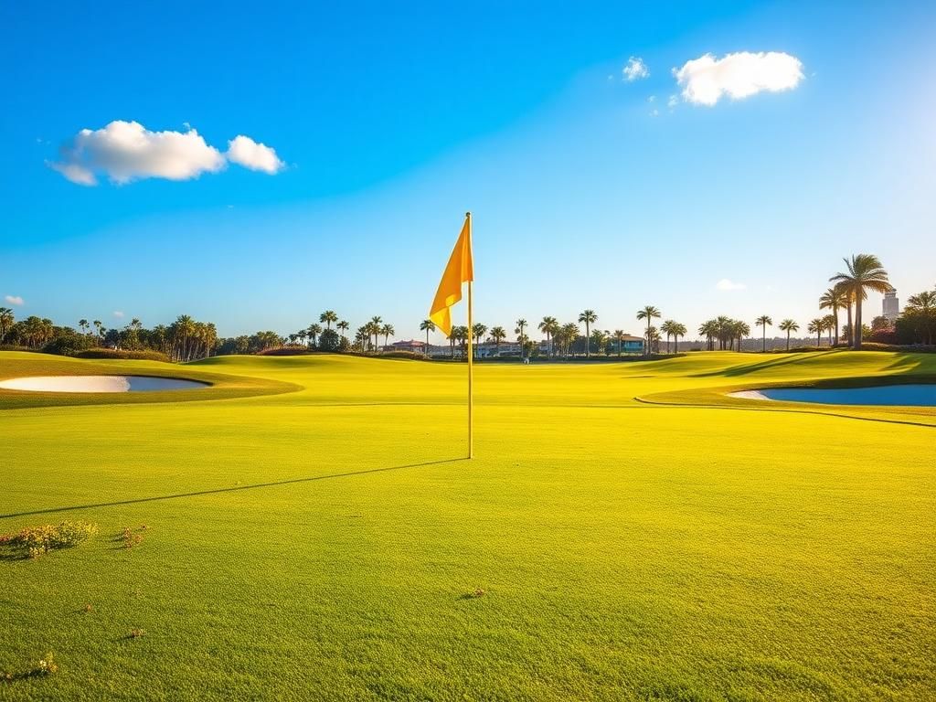 Flick International Lush golf course at PGA National with vibrant wildflowers and a yellow flag signaling a par-3 hole.