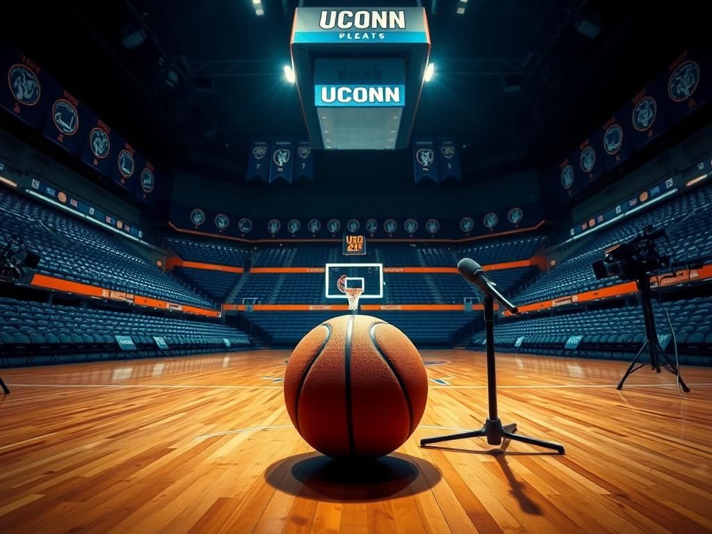 Flick International Empty basketball court with UConn team colors and media equipment