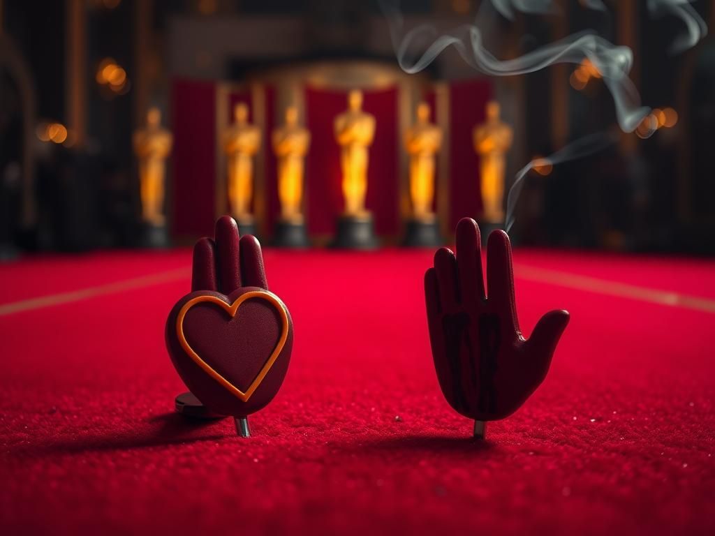 Flick International Close-up of red pins on the Oscars red carpet symbolizing activism and conflict