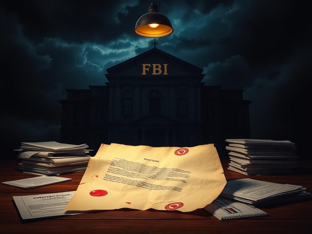 Flick International dark scene of a shadowy building symbolizing an FBI office with a crumpled letter on a desk