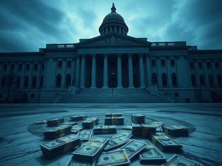 Flick International High-angle view of a government building with classical architecture, symbolizing authority and structure alongside scattered taxpayer dollar bills.