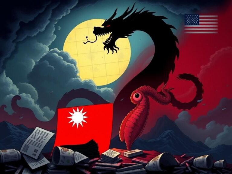 Flick International Illustration depicting a dragon shadow over Taiwan symbolizing China's threat