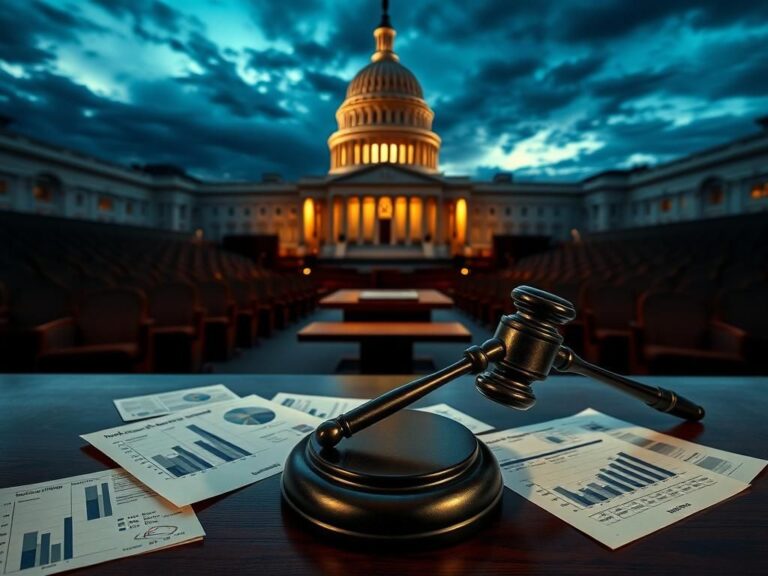 Flick International Dramatic view of the U.S. Capitol building at dusk with a gavel and budget documents in the foreground