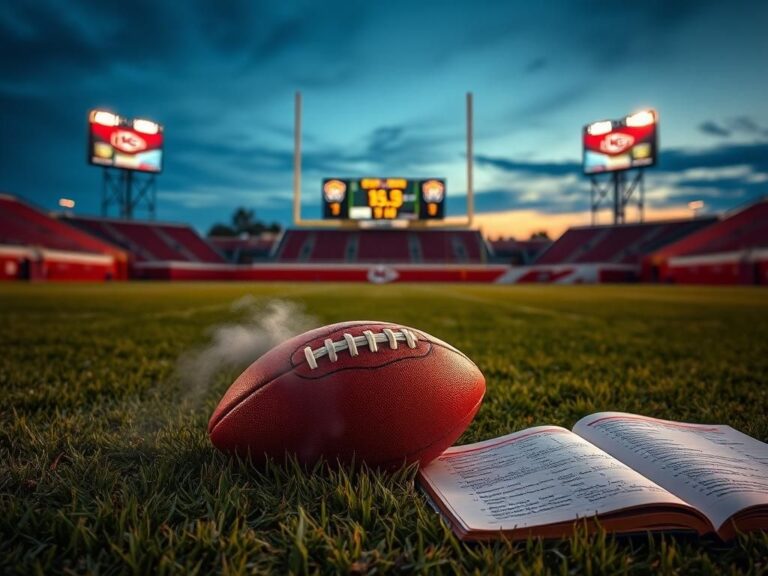 Flick International A football resting on grass on a Kansas City Chiefs field at dusk