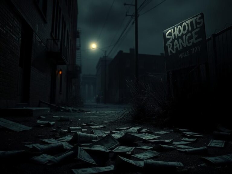 Flick International Dimly lit alleyway in Brooklyn with discarded dollar bills symbolizing financial support for terrorism