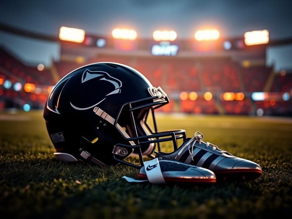 Flick International Close-up of a Penn State football helmet on turf field with cleats, symbolizing Abdul Carter's NFL Draft potential.