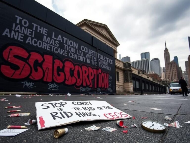 Flick International Protest scene with shattered sign calling for justice against corrupt healthcare CEOs