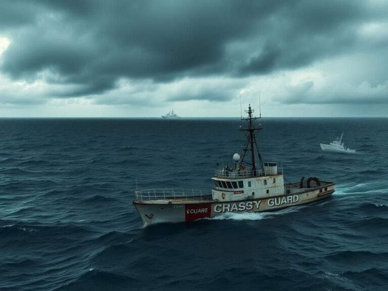 Flick International Coast Guard cutter idling at sea under a moody sky with dark clouds and discarded drug smuggling vessels nearby