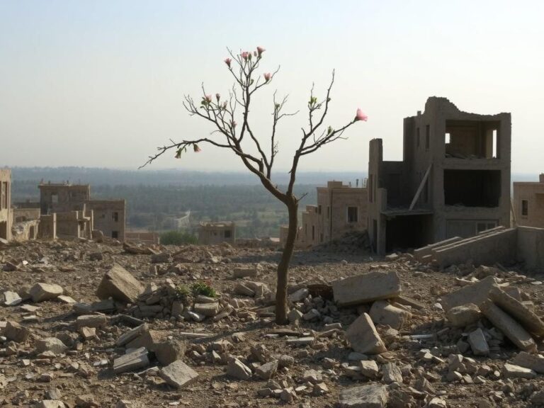 Flick International A desolate landscape of war-torn Gaza with crumbled buildings and blooming flowers signifying resilience