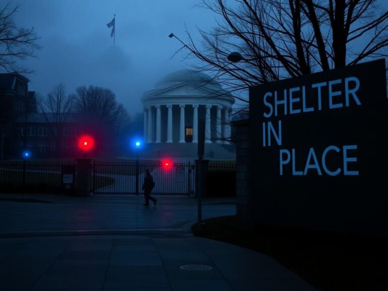 Flick International Somber scene of the University of Virginia campus at dusk with police lights