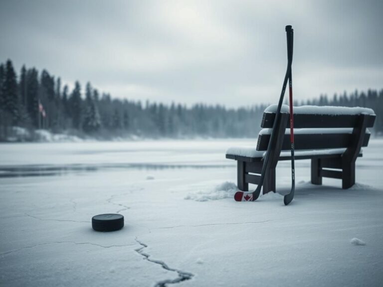 Flick International A melancholic hockey puck on a frozen pond surrounded by snow-covered trees