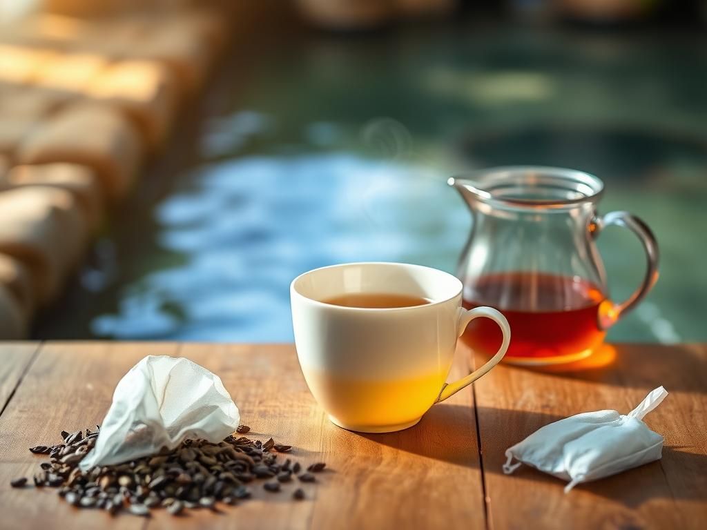 Flick International A serene teacup on a wooden table with loose tea leaves and teapot representing clean drinking water