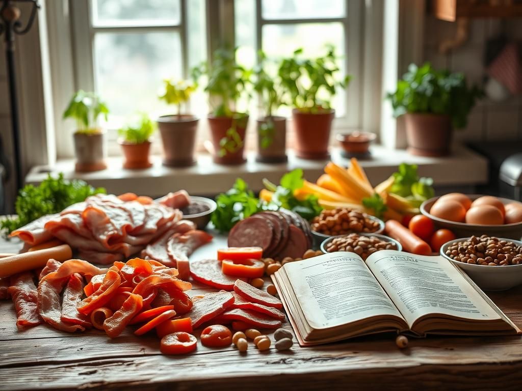 Flick International Rustic kitchen scene featuring processed red meats and vibrant vegetables on a wooden table