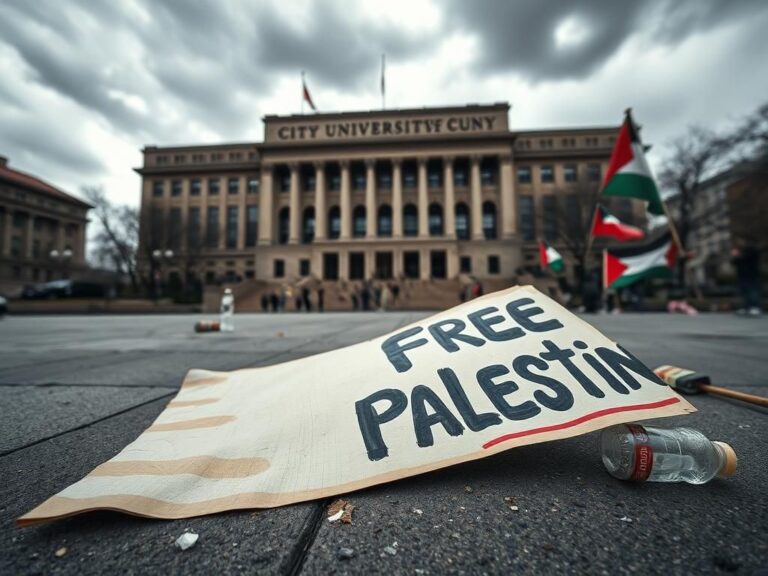 Flick International Close-up of a crumpled protest sign reading 'Free Palestine' on the pavement outside CUNY