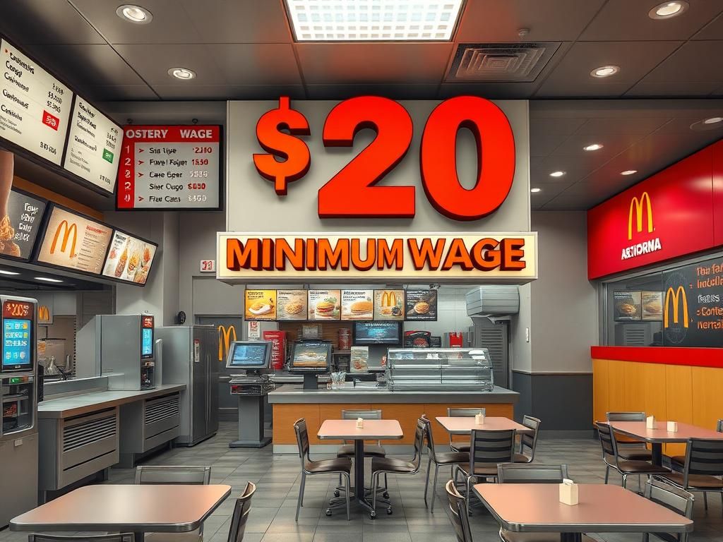 Flick International A bustling fast-food restaurant interior in California with automated kiosks and a '$20 Minimum Wage' sign