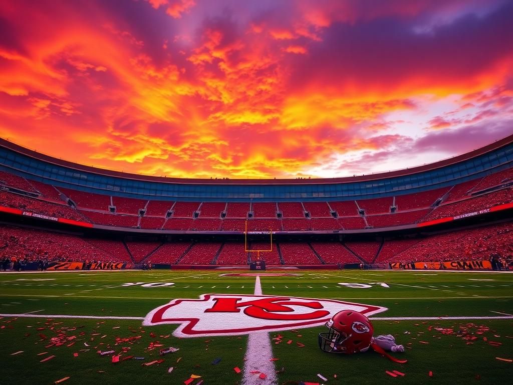 Flick International Scenic view of Arrowhead Stadium during sunset, showcasing the Chiefs logo on the field