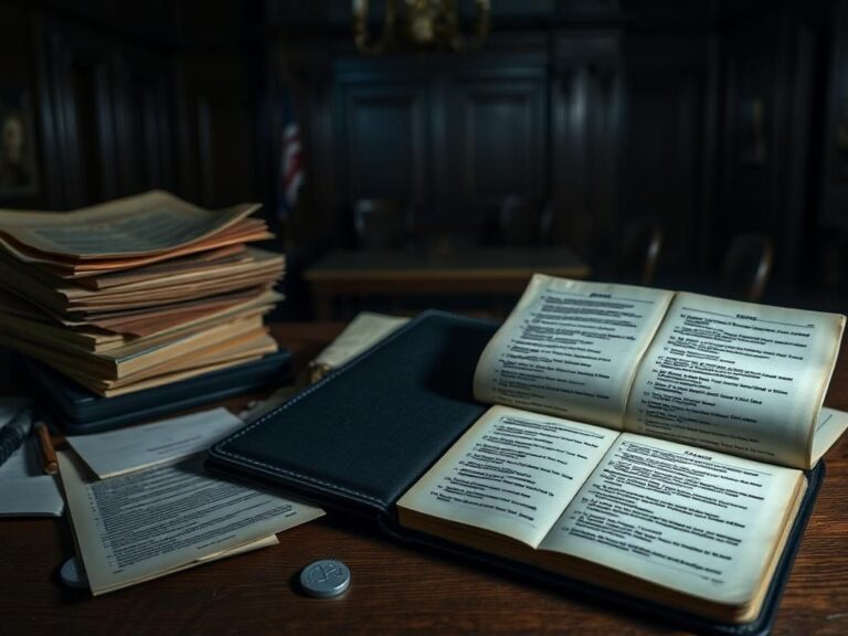 Flick International Dark, moody image of a wooden desk with evidence related to the Jeffrey Epstein case