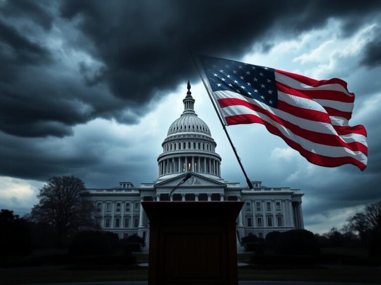 Flick International Dramatic scene of the U.S. Capitol building under dark clouds symbolizing political tension