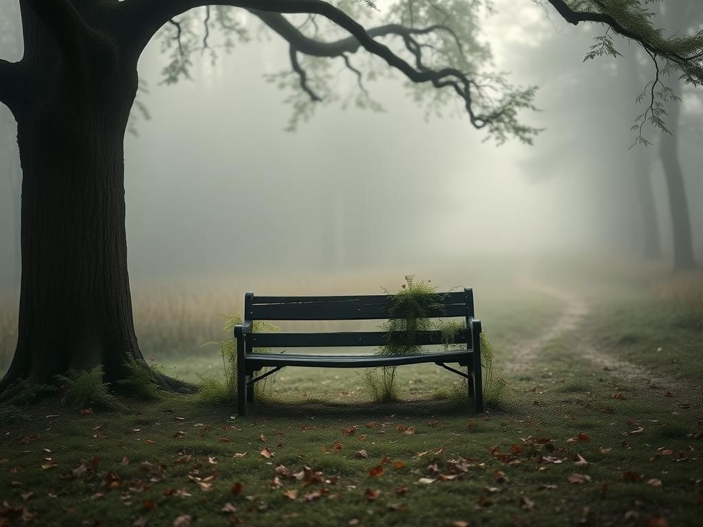 Flick International Misty morning forest landscape with a lonely bench symbolizing solitude and fatigue