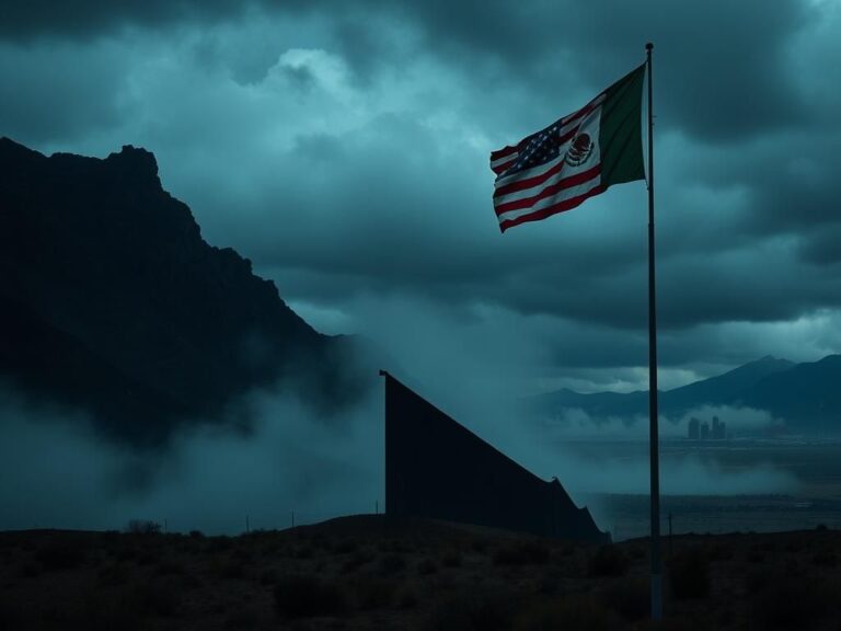 Flick International A dark, misty landscape depicting the complexities of drug trafficking and U.S.-Mexico relations with a silhouette of a border wall