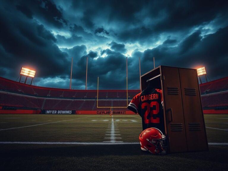 Flick International Empty football field at dusk with Browns colors and ominous storm clouds