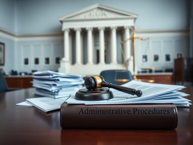 Flick International Courthouse and organized paperwork on a desk symbolizing federal employment issues.