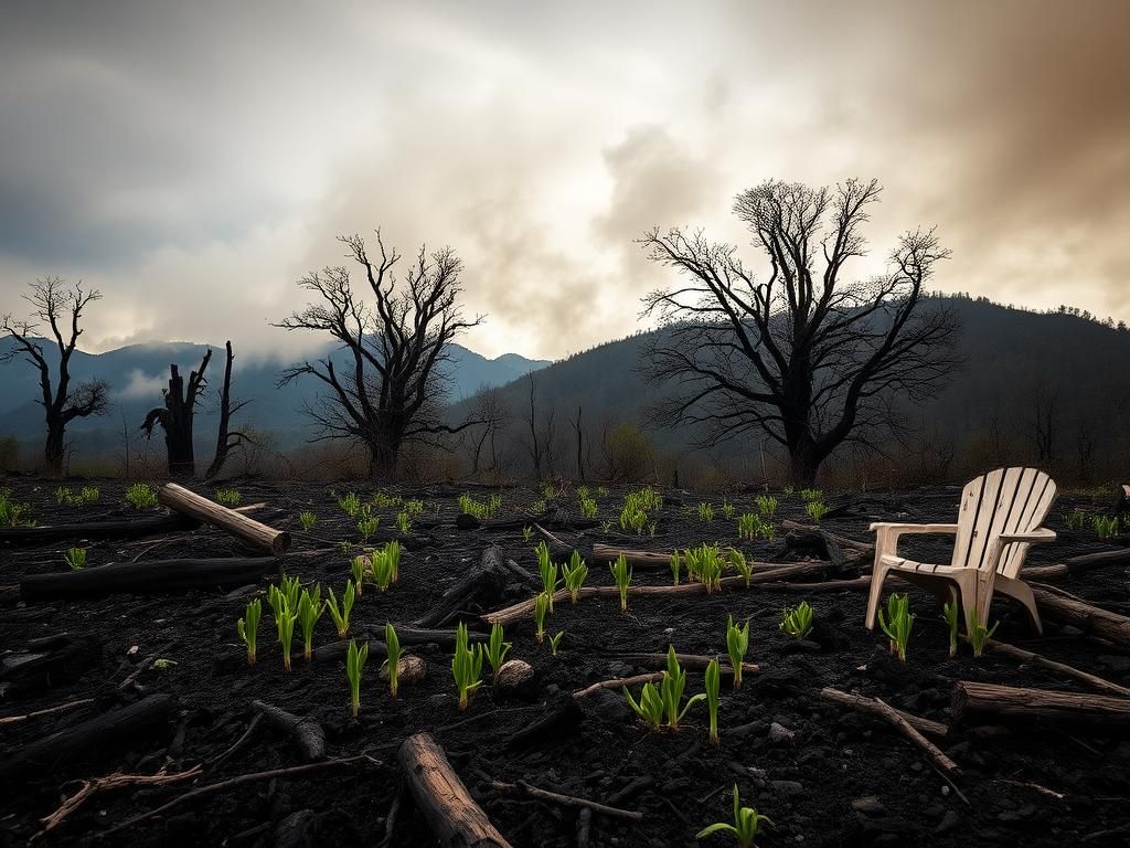 Flick International Aftermath of wildfire in Southern California showing charred trees and resilient green sprouts