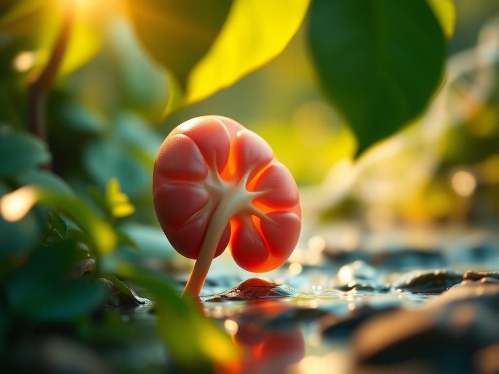 Flick International Close-up view of a vibrant kidney surrounded by lush greenery and flowing water symbolizing vitality