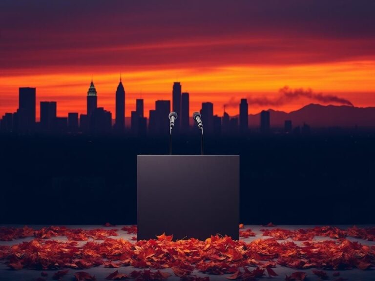 Flick International Dramatic Los Angeles skyline at sunset with fire department buildings and an empty podium