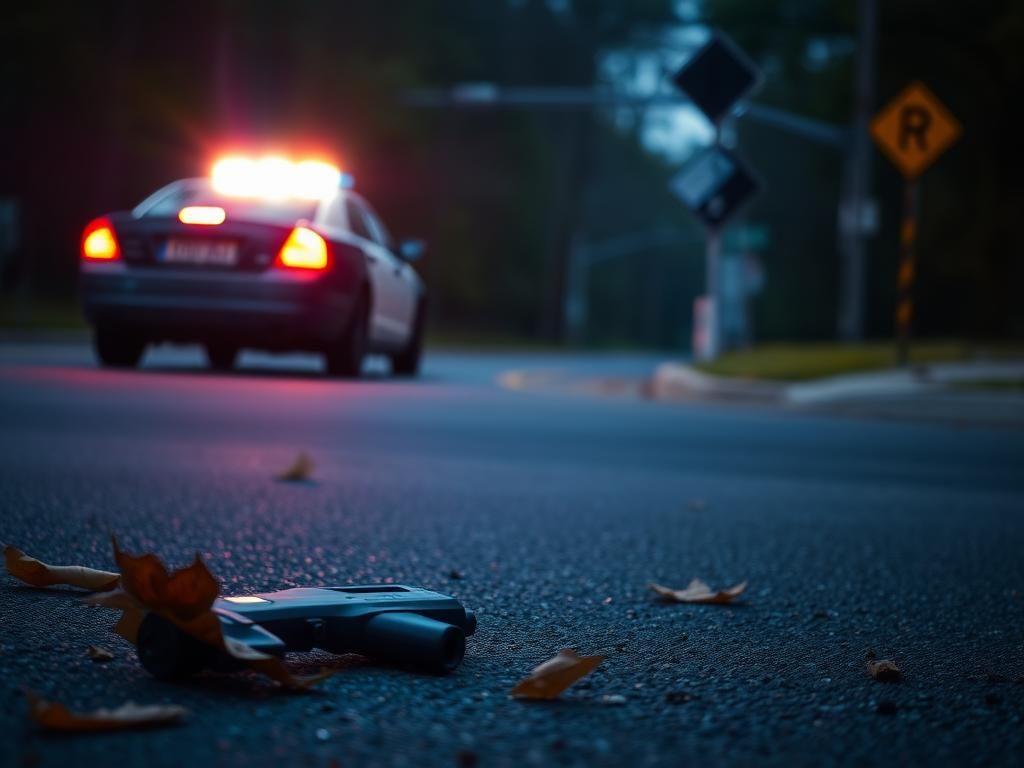 Flick International Police car with flashing lights at dusk near site of fatal shooting