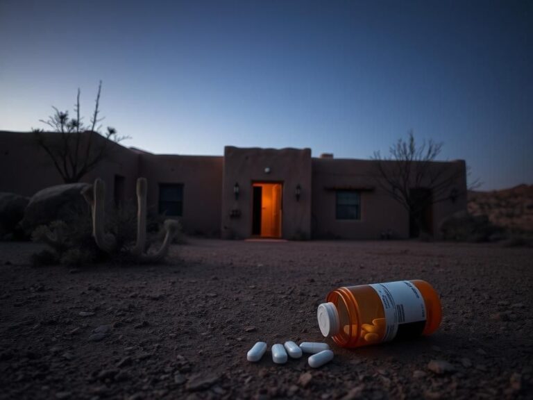 Flick International Exterior of a weathered adobe house in Santa Fe, New Mexico, showing signs of neglect and mystery