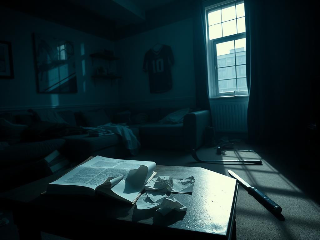 Flick International Dark, moody interior of an urban apartment symbolizing despair and confusion