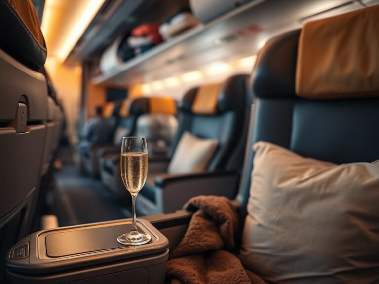 Flick International Plush first-class airplane seat with sparkling champagne