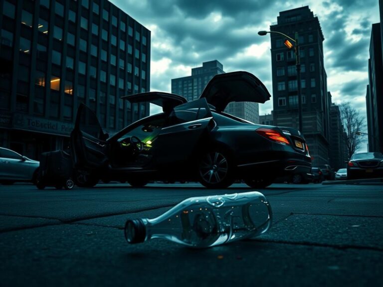 Flick International A dramatic urban street scene in Manhattan featuring a parked luxury vehicle and shattered glass