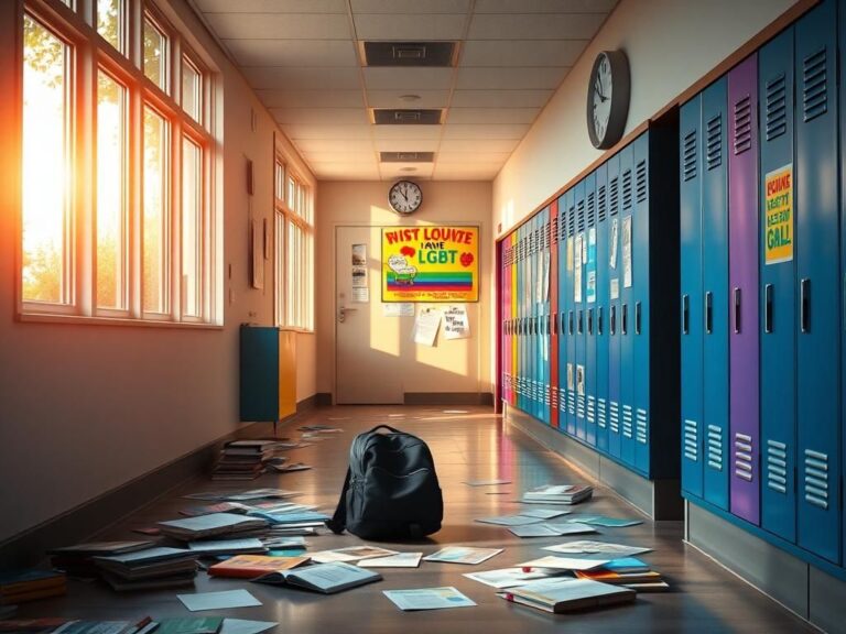 Flick International A school hallway with colorful lockers and a shadowed student’s backpack symbolizing the debate over students' gender identity privacy