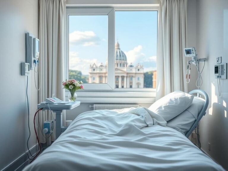 Flick International Hospital room with a single bed, fresh flowers, and view of St. Peter's Basilica