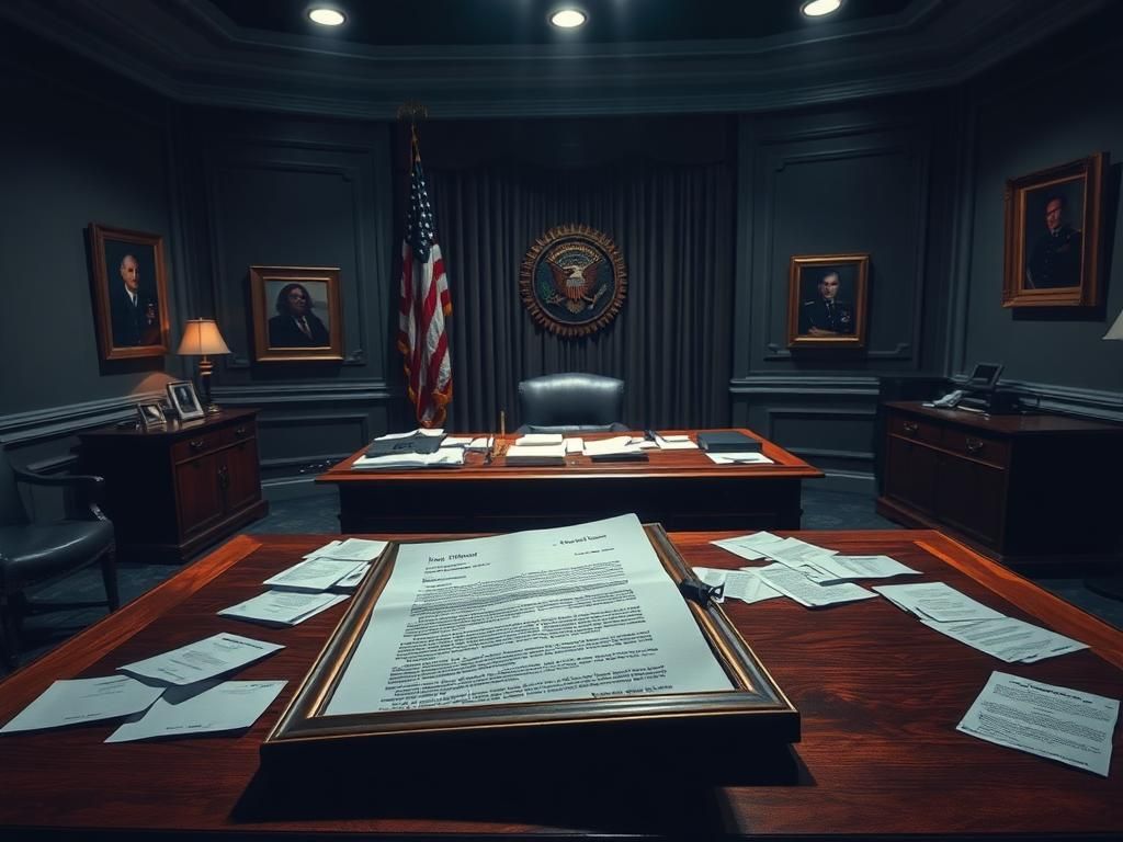 Flick International A tense Pentagon office with a mahogany desk and scattered papers reflecting urgent military discussions.