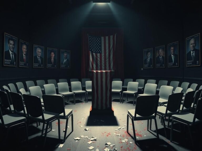 Flick International Dimly lit political conference room with empty chairs symbolizing a divided party