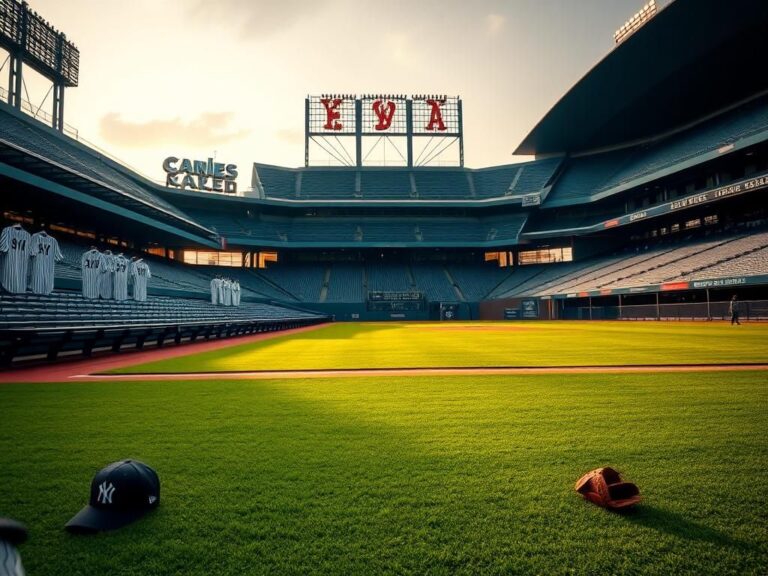 Flick International Serene early morning view of Yankee Stadium with lush green field and empty benches