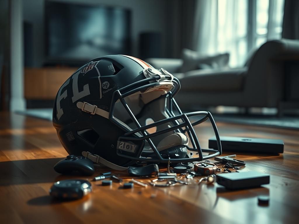 Flick International Close-up view of a shattered NFL football helmet on a polished wooden floor with a blurred stylish apartment background