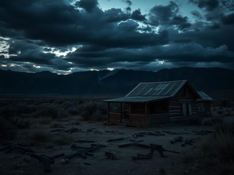 Flick International Abandoned property in New Mexico with rugged mountains and dark clouds