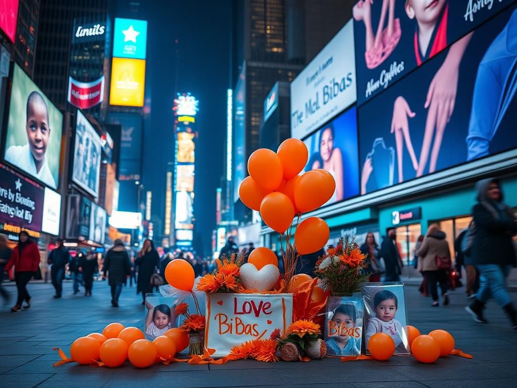 Flick International Memorial for Ariel and Kfir Bibas adorned with orange flowers and balloons in Times Square