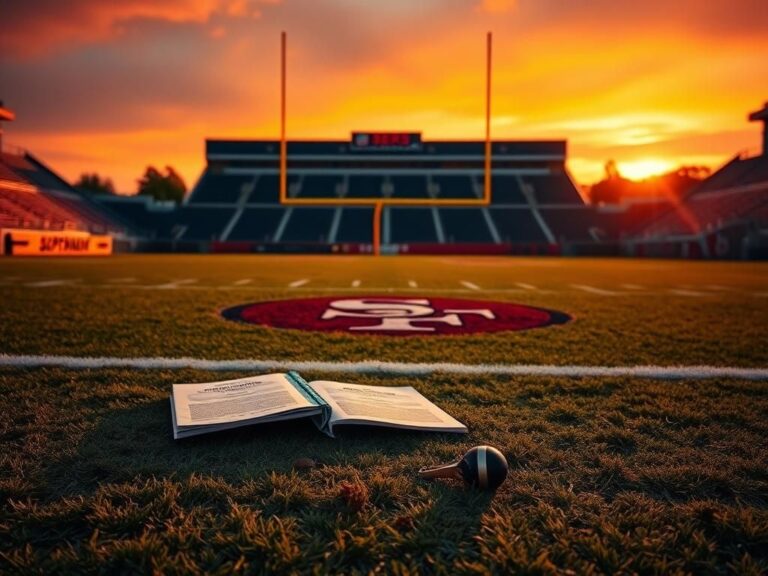 Flick International Dramatic sunset over an empty football field with abandoned playbooks and a whistle, symbolizing a coach's departure