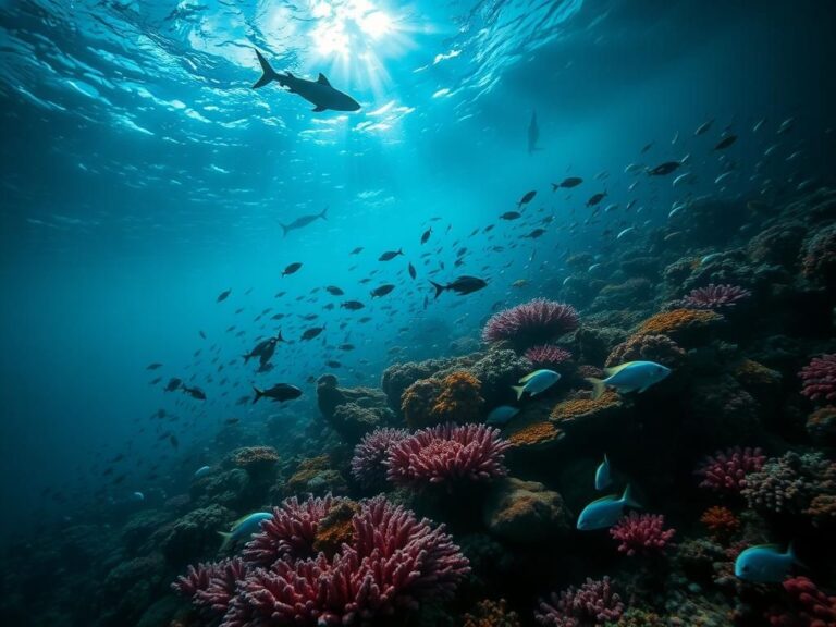 Flick International Underwater scene depicting a vibrant coral reef near Verde Island with sharks lurking