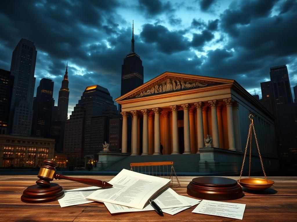 Flick International Dramatic New York City skyline with a courthouse representing the legal system